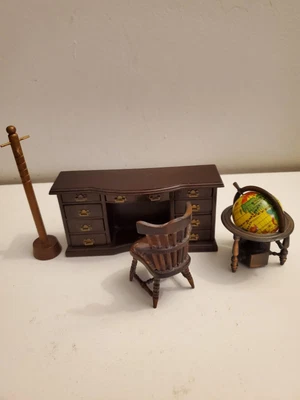 $15 • Buy Miniature Dollhouse Wood Desk W Chair Globe. 1:12 Scale