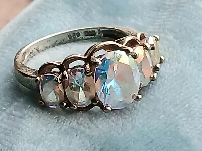 Vintage Aurora Borealis AB 5 Crystal Stone Sterling Silver 925 Ring UTC 8.5 • $35