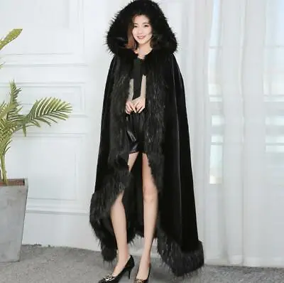 Black Womens Mink Fur Cape Hooded Extra-long Swing Poncho Coat Vintage Loose New • $199.75