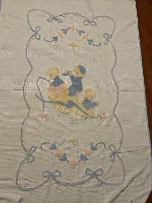 Chenille Crib Toddler Blanket WYNKEN BLYNKEN NOD Mother Goose 60” X 40”  Vintage • $49.95