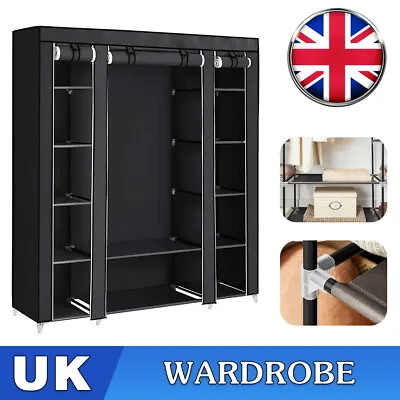 Black Large Fabric Canvas Wardrobe Clothes Hanging Rail Shelves Storage Cupboard • £19.99