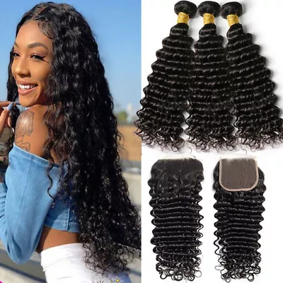 SALE Deep Wave Curly Malaysian Virgin Human Hair Weft Lace Closure Swiss Lace US • $46.44