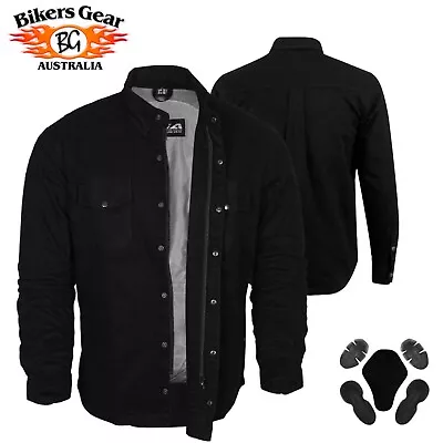 Bikers Gear Motorcycle Cotton Flannel Kevlar® Lined Shirt Solid Black CE Armour • $144