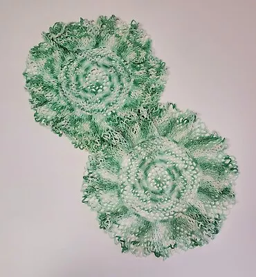 2 Vintage Hand Crochet Green 14  Doily Doilies Round White Christmas • $12.99