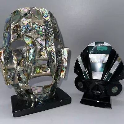 2 Mayan Aztec Death Mask Mother Of Pearl Abalone Sculpture & Obsidian Small Mask • $75.99