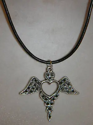 $7.99 • Buy Winged Heart Necklace Silver Black Leather Cord Vintage Steampunk Style