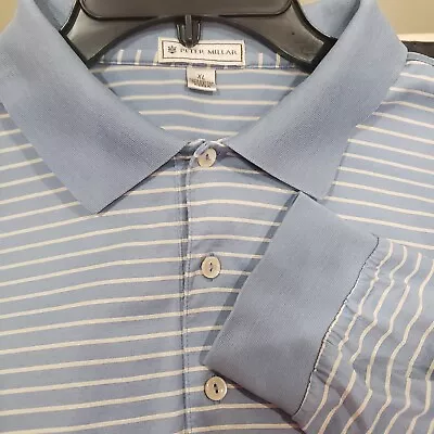 Peter Millar Mens Long Sleeve Cotton Blend Blue Striped Polo Shirt EUC XL Spring • $19