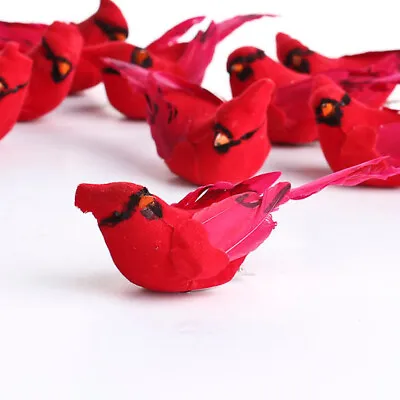 Package Of 12 Artificial Bright Red Sitting 4  Long Cardinal Mushroom Birds • $28.34