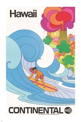 Vintage Travel Poster HAWAII Via CONTINENTAL Psychedelic Artsy SURFING 20x30 • $9.99