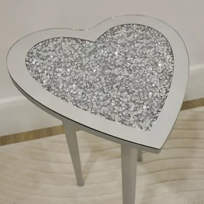 Sparkly Silver Heart Mirrored Glass Diamond Crush Side End Display Table 55cm • £48