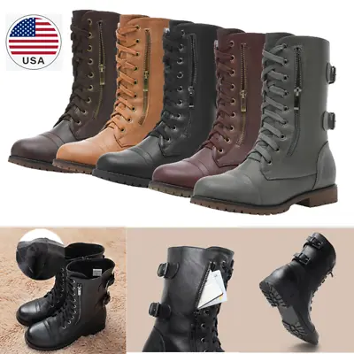 Women Military Boots Winter Faux Fur Lining Side Zipper Combat Mid Calf Boots • $27.99