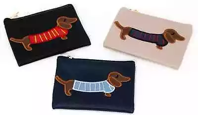 Faux Leather Small Zipped Dachshund -  Blue / Black / Beige Coin Purse CP05 • £6.99