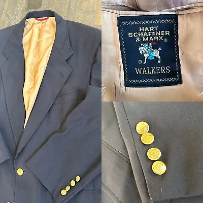 Hart Schaffner Marx Sports Coat Gold Button Wool Blazer 48L Blue • $30.89