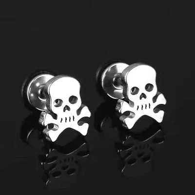 Men Silver Pirate Skull Crossbones Ear Stud Earrings Punk Rock Jewelry Gift • $8.99