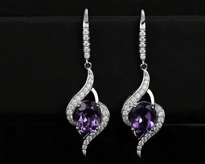 4.00 Ct Oval Cut Simulated Purple Amethyst Drop Earrings 14k White Gold Plated • $124.99