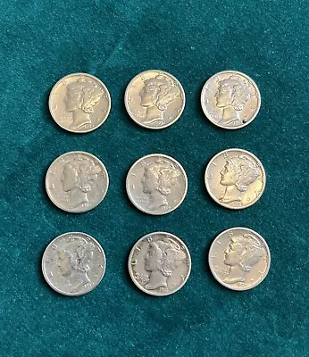 Lot Of (9) 1930 - 1939 Mercury Dime Coins. AU. 90% Silver  • $30