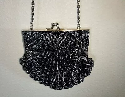 Beautiful Beaded Metal Mesh Flapper Purse-Dark Gray W/ Silver Trim -Vintage • $15