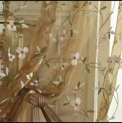 Magnolia Floral Embroidered On Lace Brown Sheer Curtain (2 Panels) • $175