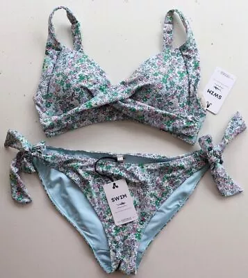 Fat Face Daisy Field Floral Padded Twist Tie Side Bikini Ocean Teal - Women Uk12 • £38.99