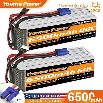 2pcs 22.2V 6S 6500mAh LiPo Battery 60C EC5 For RC Helicopter Airplane Quad Boat • $119.99