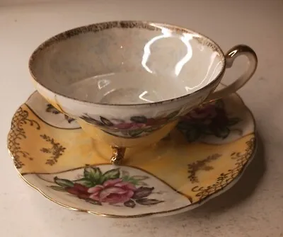Vintage 3 Footed Tea Cup & Saucer Yellow With Gold Trim & Roses • $10.98