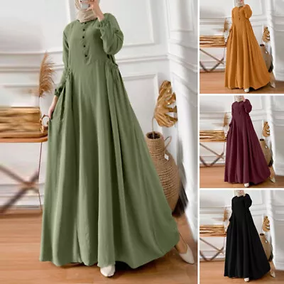 $39.15 • Buy ZANZEA Womens Muslim Long Sleeve A Line Plain Abaya Cocktail Swing Maxi Dress AU