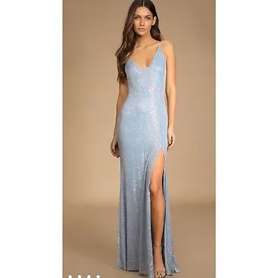 Lulus Chic And Glam Light Blue Sequin Lace-Up Mermaid Maxi Dress • $65