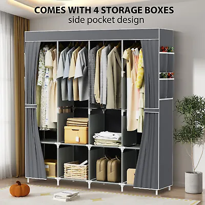 Large Fabric Canvas Wardrobe W/Hanging Rail Shelving Clothes Storage Cupboard UK • £28.99