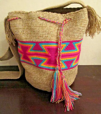 Bag Wayuu Mochila Bucket Boho Colombia Rioacha Yellow Pink Blue Tan Purse NEW#87 • $48