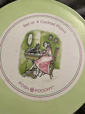 Boxed Set Of 6 POSH POOCHY 7  Cocktail Plates Lady At Desk Yorkshire Terrier • $18