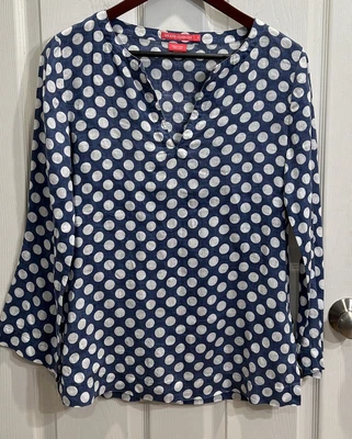 $25 • Buy Island Company 100% Linen Blue Cream Polka Dot Tunic Long Sleeve V Neck