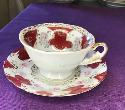 UCAGCO China Red/White Porcelain Dainty Teacup And Saucer W/ Gold Accents • $15