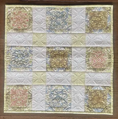 Mini Quilt Top Table Topper Embroidered  Wall Art 21  Square Yellow White ~ NEW • $36
