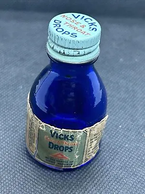 Vintage 1950s Vick's Nasal Drops Large Size Cobalt Blue Glass Advertising Bottle • $10