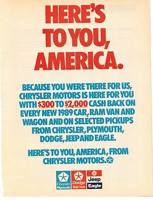 Vtg Print Ad 80s 1988 Chrysler Plymouth Dodge Jeep Eagle Here's To You America • $6.96