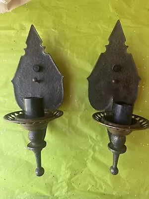 Pair: Vintage Wired Lightolier Sconces #5761 Of 2 Hammered Cast Iron  Metal. • $150