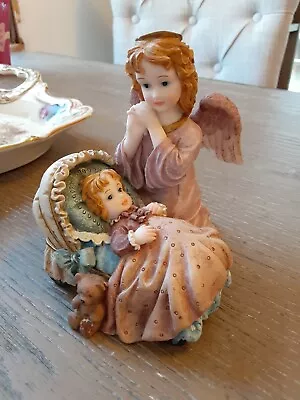 MONTEFIORI COLLECTION ITALY DESIGN FIGURINE Angel W/Baby Girl Cradle Teddy Bear • $43