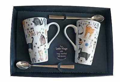 Pair Of Cats & Kittens Latte Mugs Gift Boxed With Latte Spoons 3/4pt Capacity • £20.89