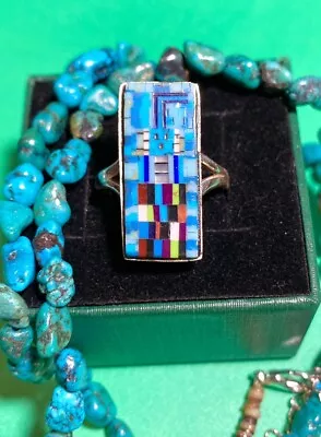 Navajo L KEE Sterling Silver YEI Kachina Micro Cut Turquoise Coral 925 Ring 8.25 • $89