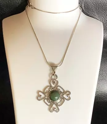 VTG Sterling Silver Necklace Maltese Cross Natural Green Gemstone 18+  925 5028 • $19.49