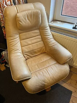 Vintage Danish Leather Swivel Recline Lounge Chair 1980s Retro MSWI • £95