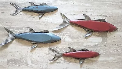 Set Of 4 Fish Rustic Wood W/Metal Fins Painted Wall Art By CBK • $32