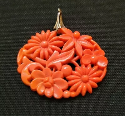 Vintage Art Deco Silver Faux Mediterranean Coral Drop Pendant • $45