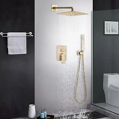 Gold Concealed Shower Mixer Set Taps Square Rainfall Head Combo With Valve Kit  • £95