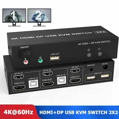 HDMI DisplayPort DP USB Dual Monitor KVM Switch Box 2X2 4K@60Hz For PC Laptop • $95.90