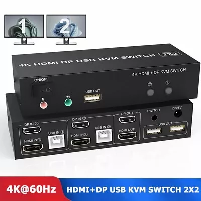 HDMI DisplayPort DP USB Dual Monitor KVM Switch Box 2X2 4K@60Hz For PC Laptop • $89.98