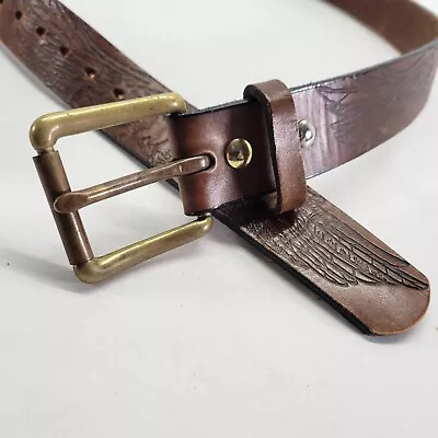 Eagle Tooled Leather Belt 38 Bird Western Cowboy Roller Buckle Brown Vtg • $22.45