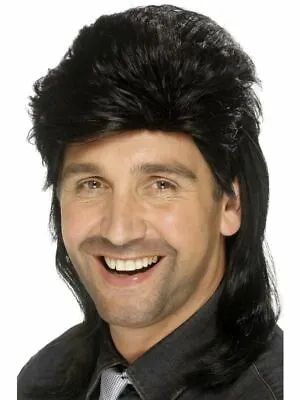 Black Mullet Wig Mens Fancy Dress 1980s Rock Star Celebrity Adults Costume Comb • £14.68