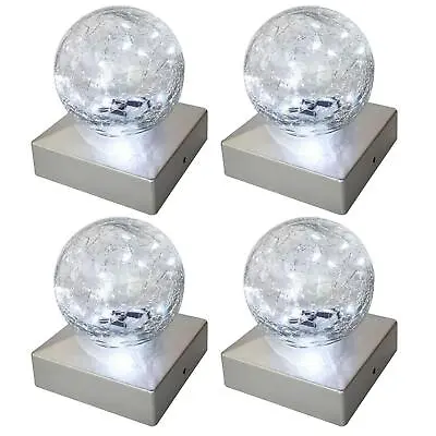 4 Solar Deck Cap Post Lights Outdoor Garden Crackle Glass Ball Lights Cool White • £27.95