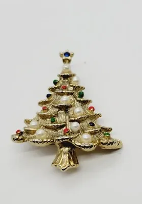 Vintage Christmas Tree Star Brooch Pin Textured Vintage Gold Tone Faux Pearl • $11.70